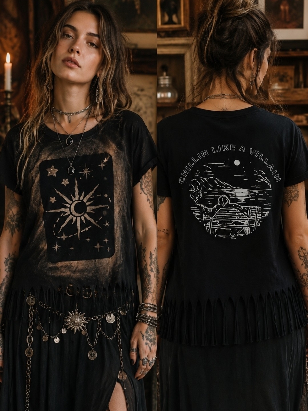4/$15 Boho Graphic Fringe Tee - Black Upcycle Moon Women's Shirt Sz M